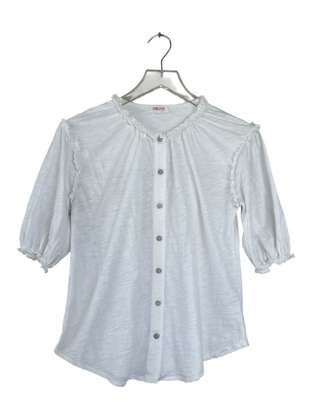 Goldie Lewinter White Pima Cotton Ruffle Puff Sleeve Button Front Blouse XS